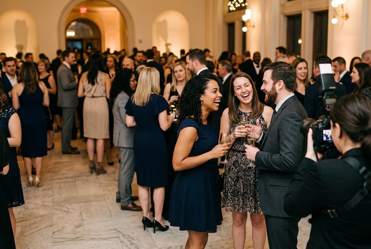 Event photographer capturing candid laughing guests at a contemporary evening gala