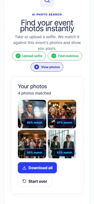 Real mobile search results from an EventPhotoFind demo event using AI-generated photos