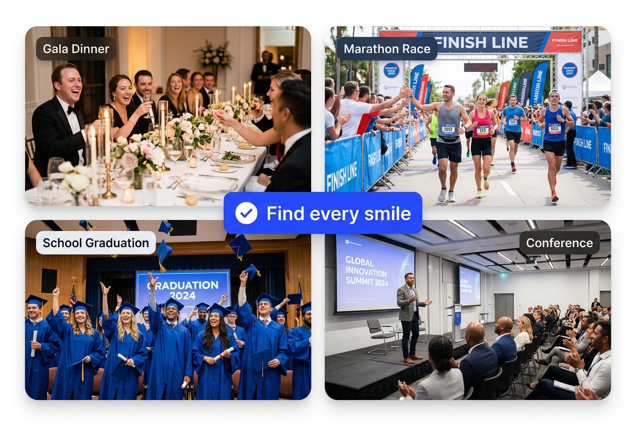 Event types supported by EventPhotoFind — galas, races, graduations, conferences